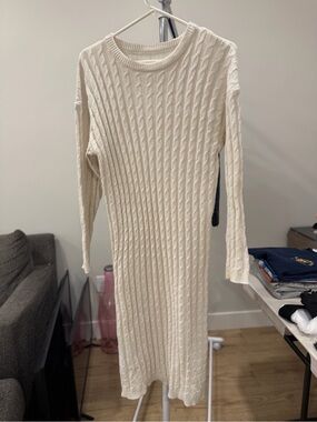 Women's Cable Knit Long Sleeve Sweater Dress - Cream